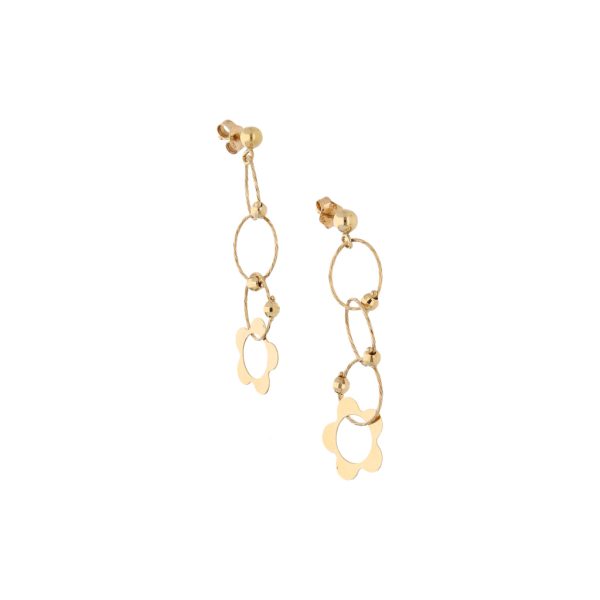 Broqueles articulados con colgantes motivo aros y floral en oro amarillo 14 kilates. Online Hot Sale