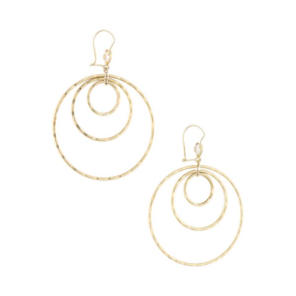 Aretes articulados motivo aros con circonias en oro amarillo 14 kilates. Sale