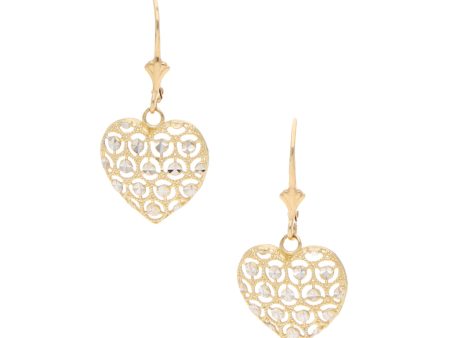 Aretes calados motivo corazón en oro amarillo 14 kilates. Hot on Sale